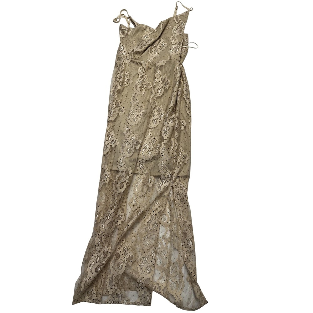 NSR Dress Womens Small Nude Beige Lace Sequinâ Mesh Overlay Formal Maxi Gown